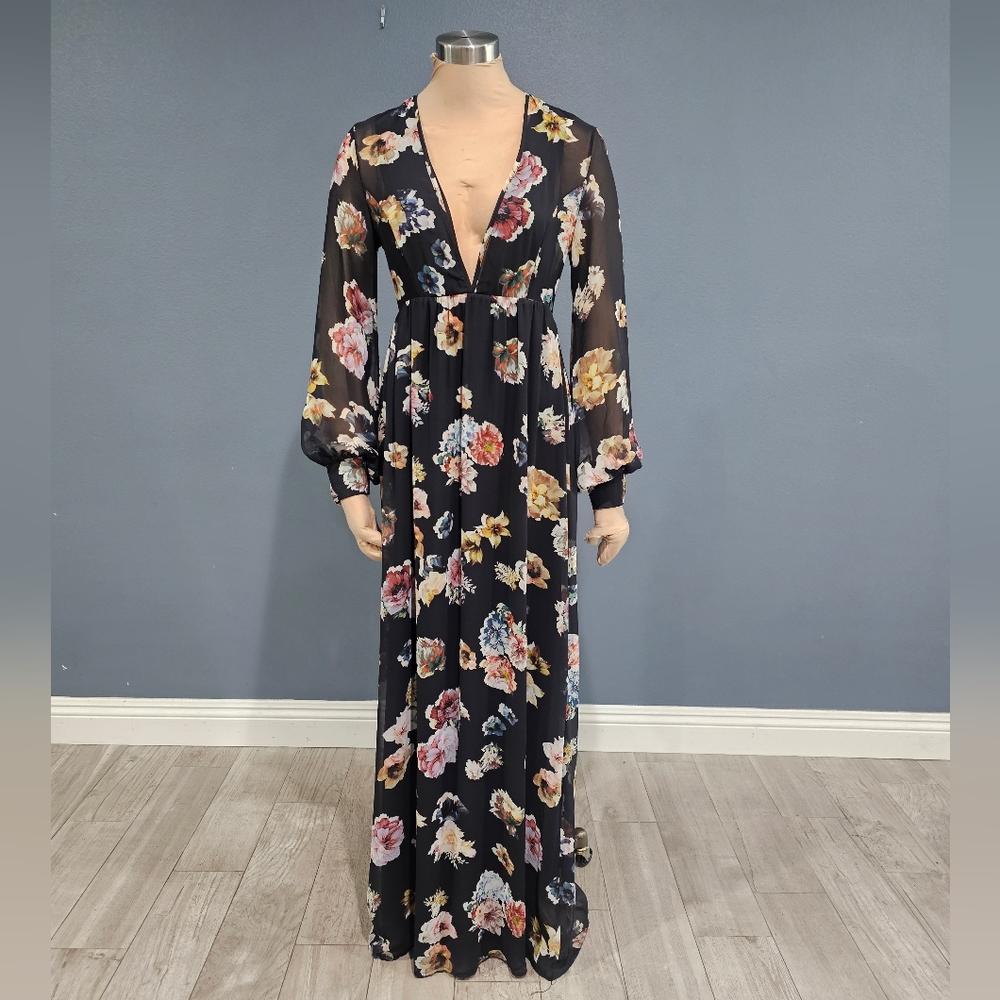 OH MY LOVE London Black Floral Deep Plunge Chiffon Maxi Dress S